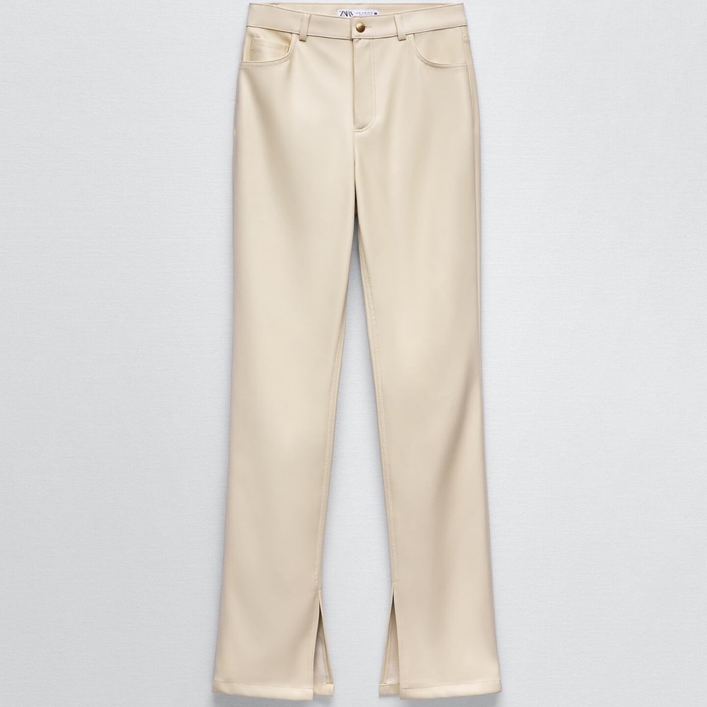Zara Faux Leather High Rise Pants Split Hem Ivory Cream Eggshell Size 2